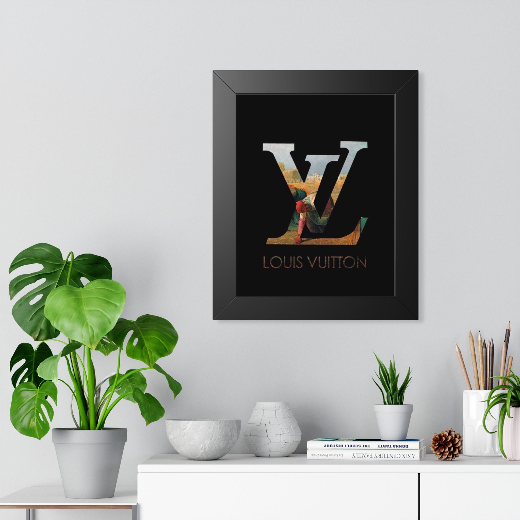 Framed Poster — Louis Vuitton LV Logo Art Print (Vertical, Luxury Fashion Wall Decor)