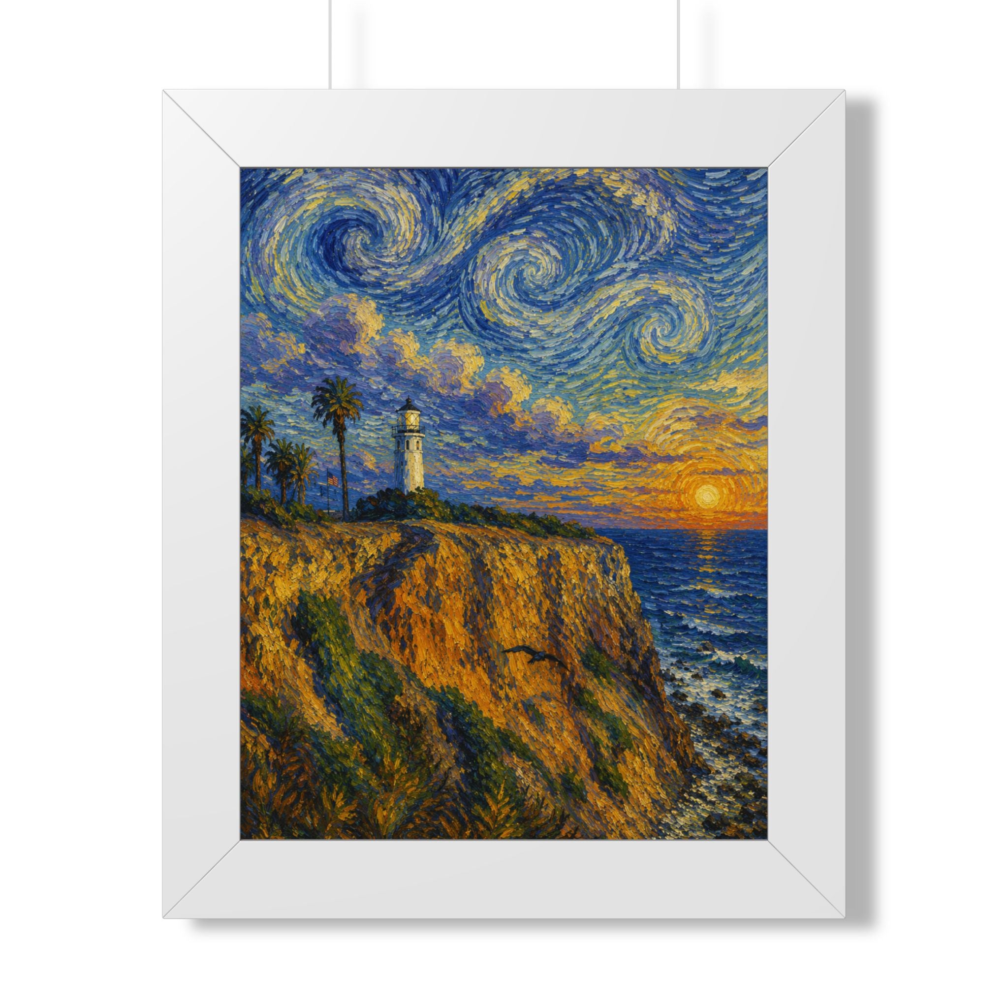 Framed Poster — Starry Coastal Lighthouse Sunset