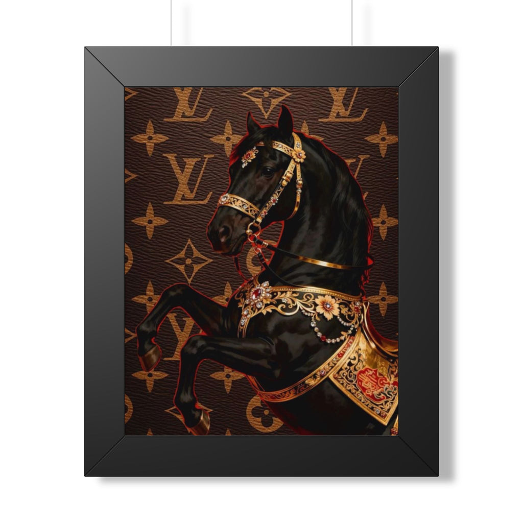 Framed Poster — Luxurious Black Carousel Horse on Monogram Background