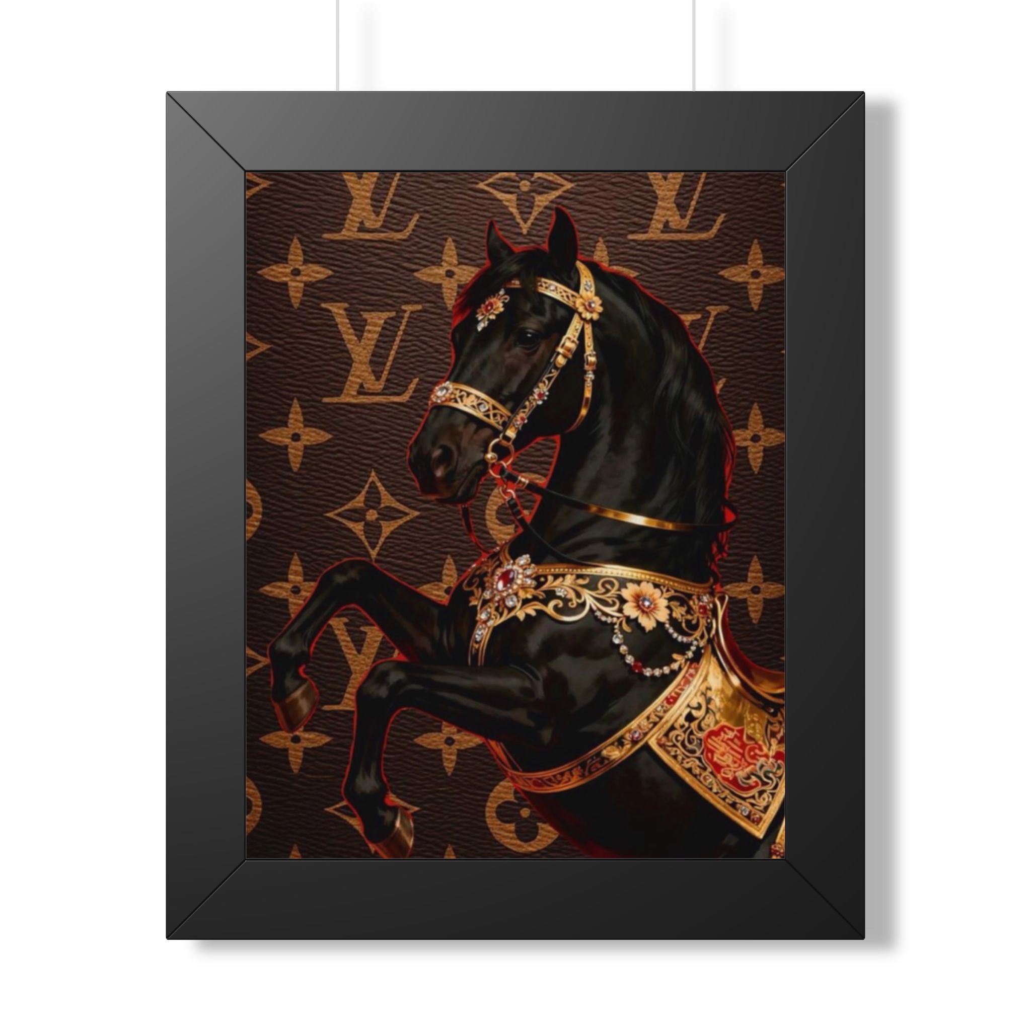 Framed Poster — Luxurious Black Carousel Horse on Monogram Background