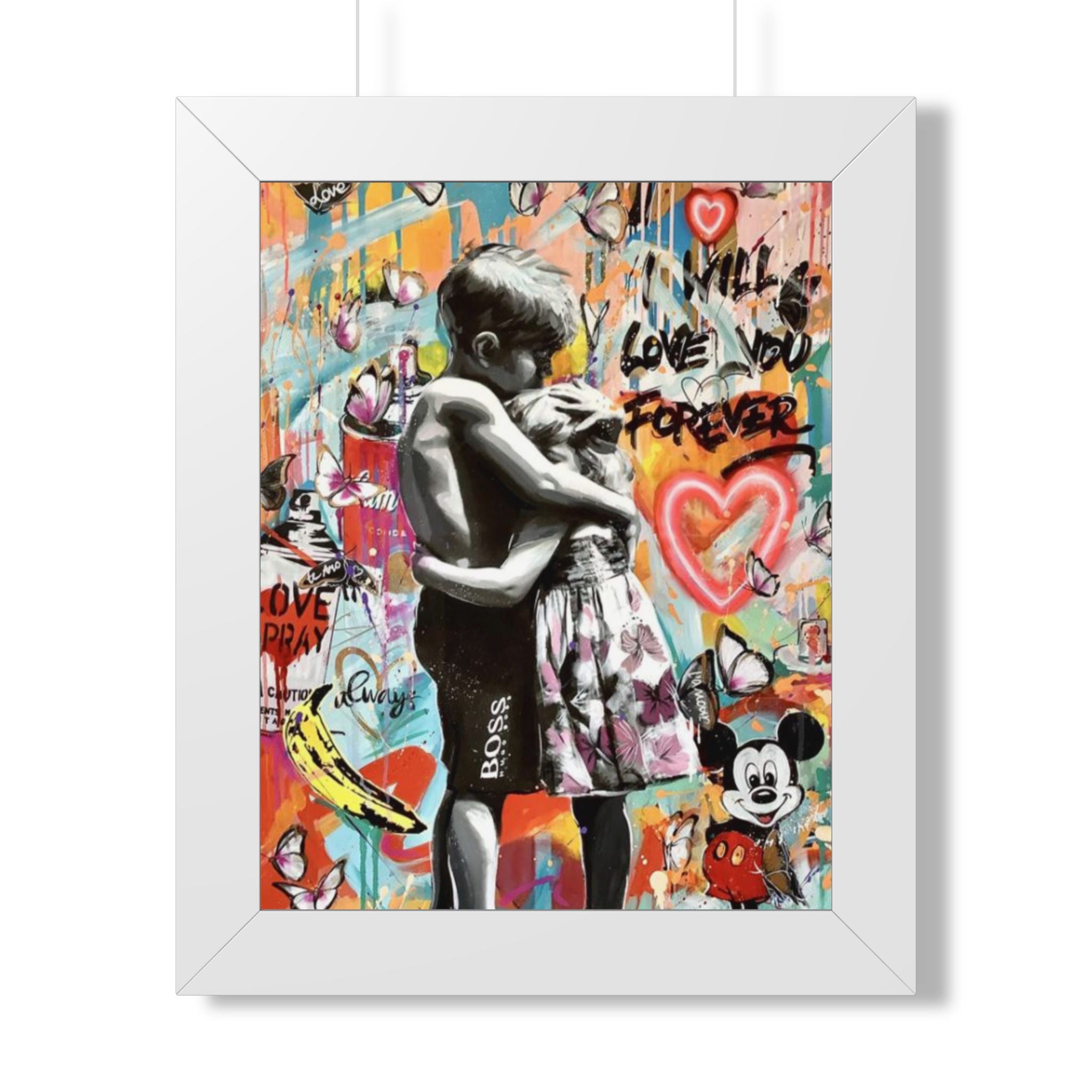 framed poster 'Will Love You Forever' Street Art Print (Kids Hug Graffiti Wall Art)