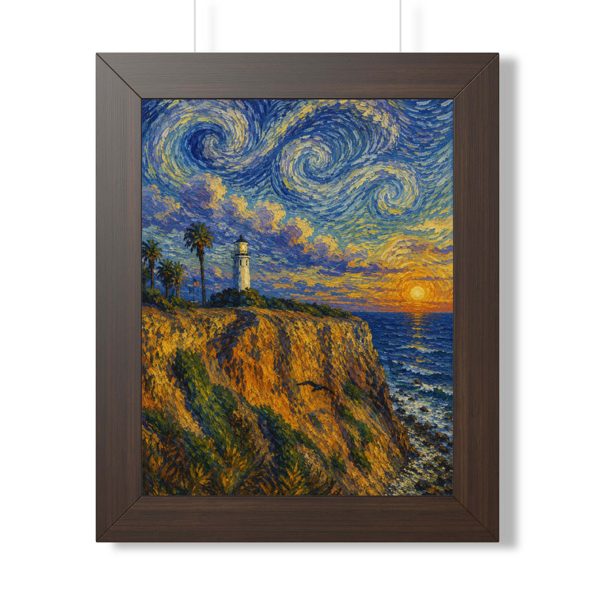 Framed Poster — Starry Coastal Lighthouse Sunset