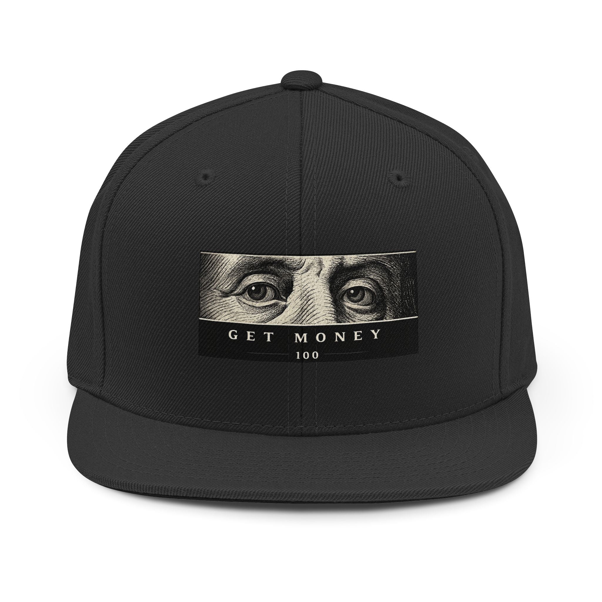Get Money Snapback Hat — Ben Franklin Eyes Bill Patch