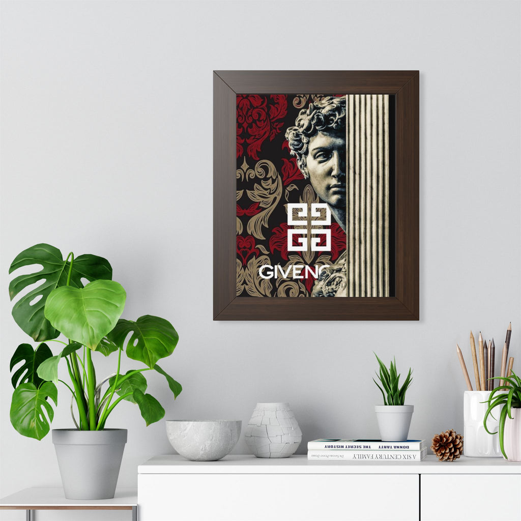 Framed Poster — Baroque Statue with 'Given' Logo, Elegant Red & Gold Wall Art