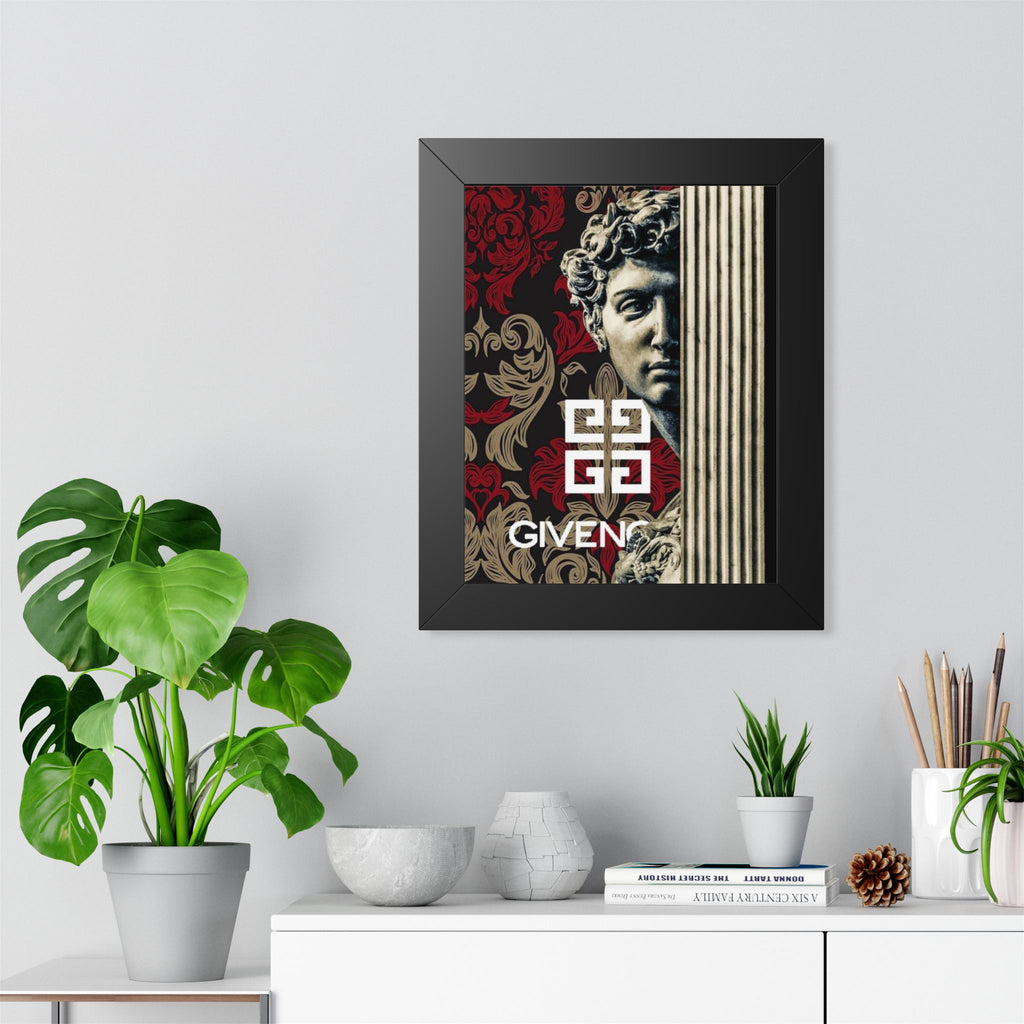 Framed Poster — Baroque Statue with 'Given' Logo, Elegant Red & Gold Wall Art