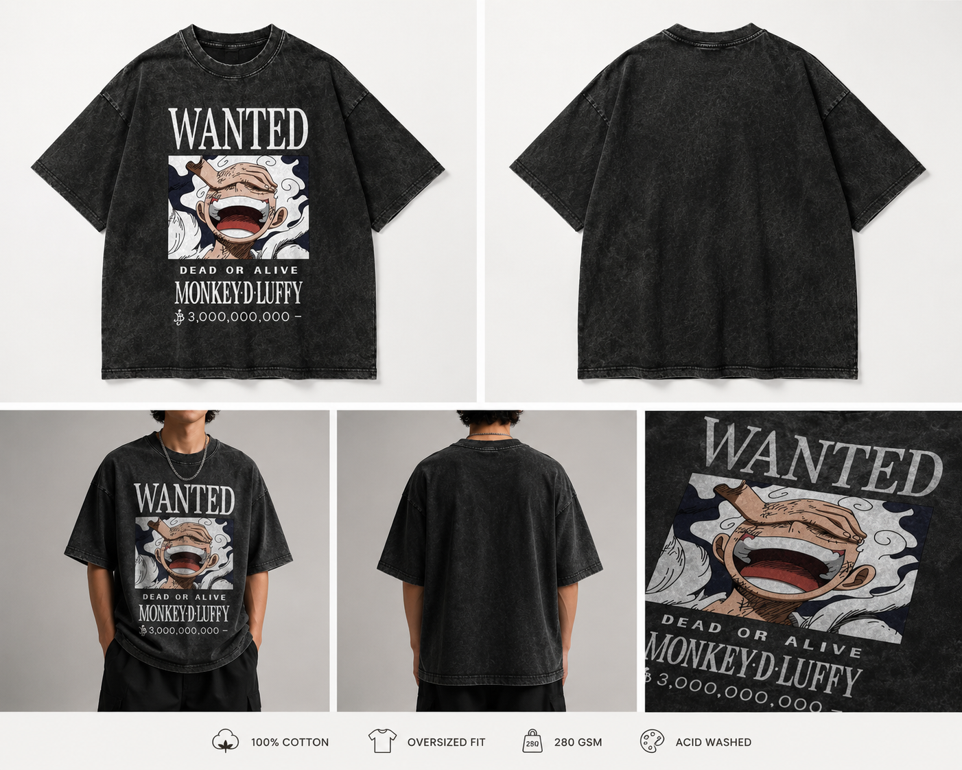 Gear 5 Wanted Poster Acid Wash Oversized Tee