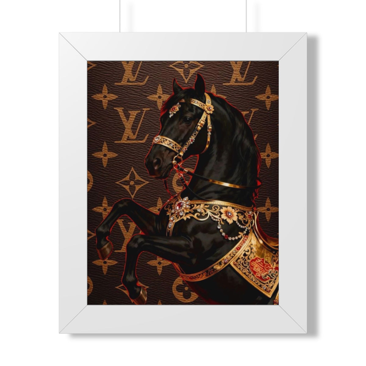 Framed Poster — Luxurious Black Carousel Horse on Monogram Background