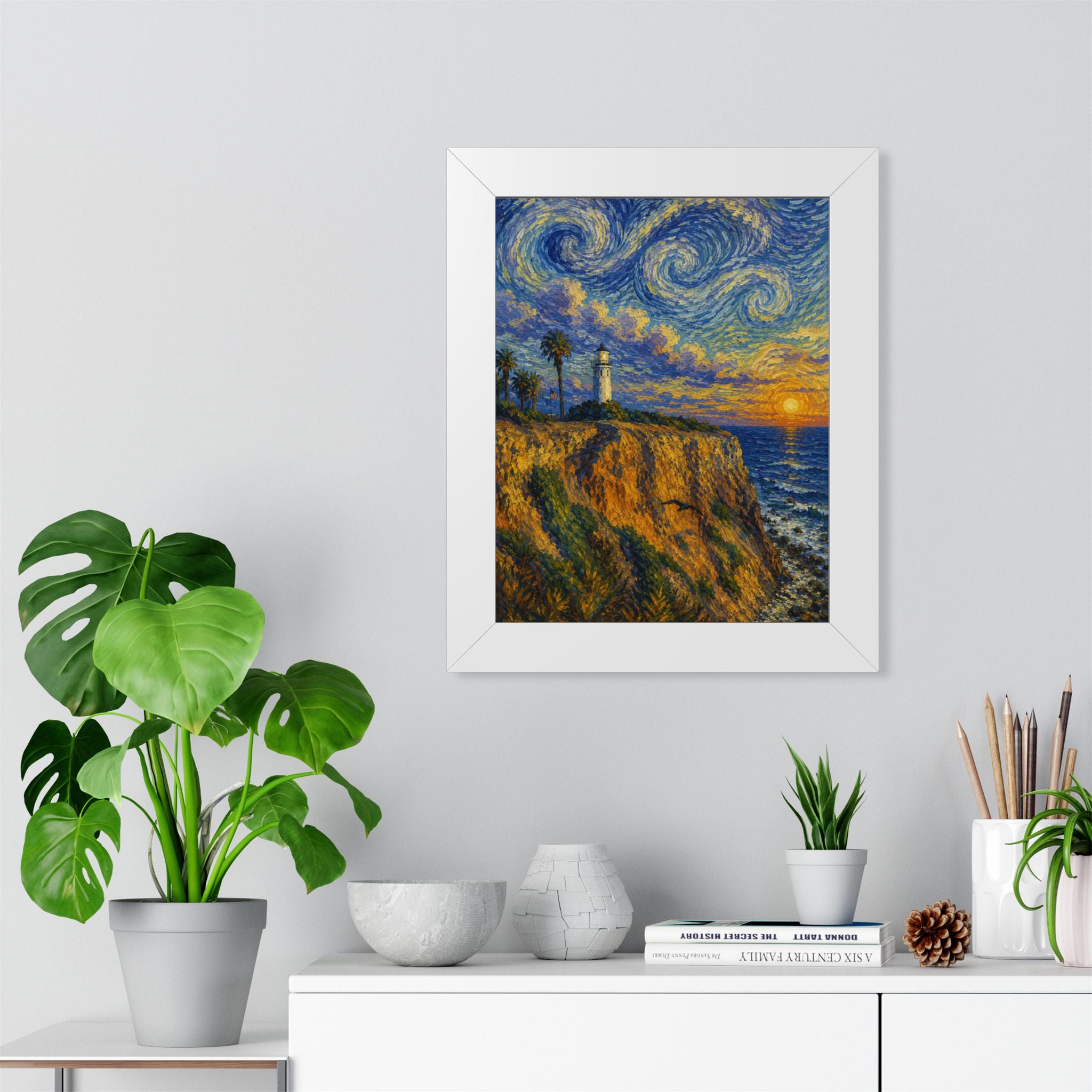 Framed Poster — Starry Coastal Lighthouse Sunset