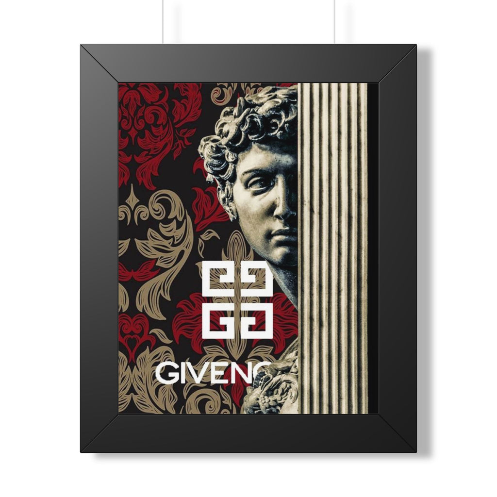 Framed Poster — Baroque Statue with 'Given' Logo, Elegant Red & Gold Wall Art