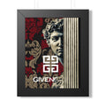 Framed Poster — Baroque Statue with 'Given' Logo, Elegant Red & Gold Wall Art