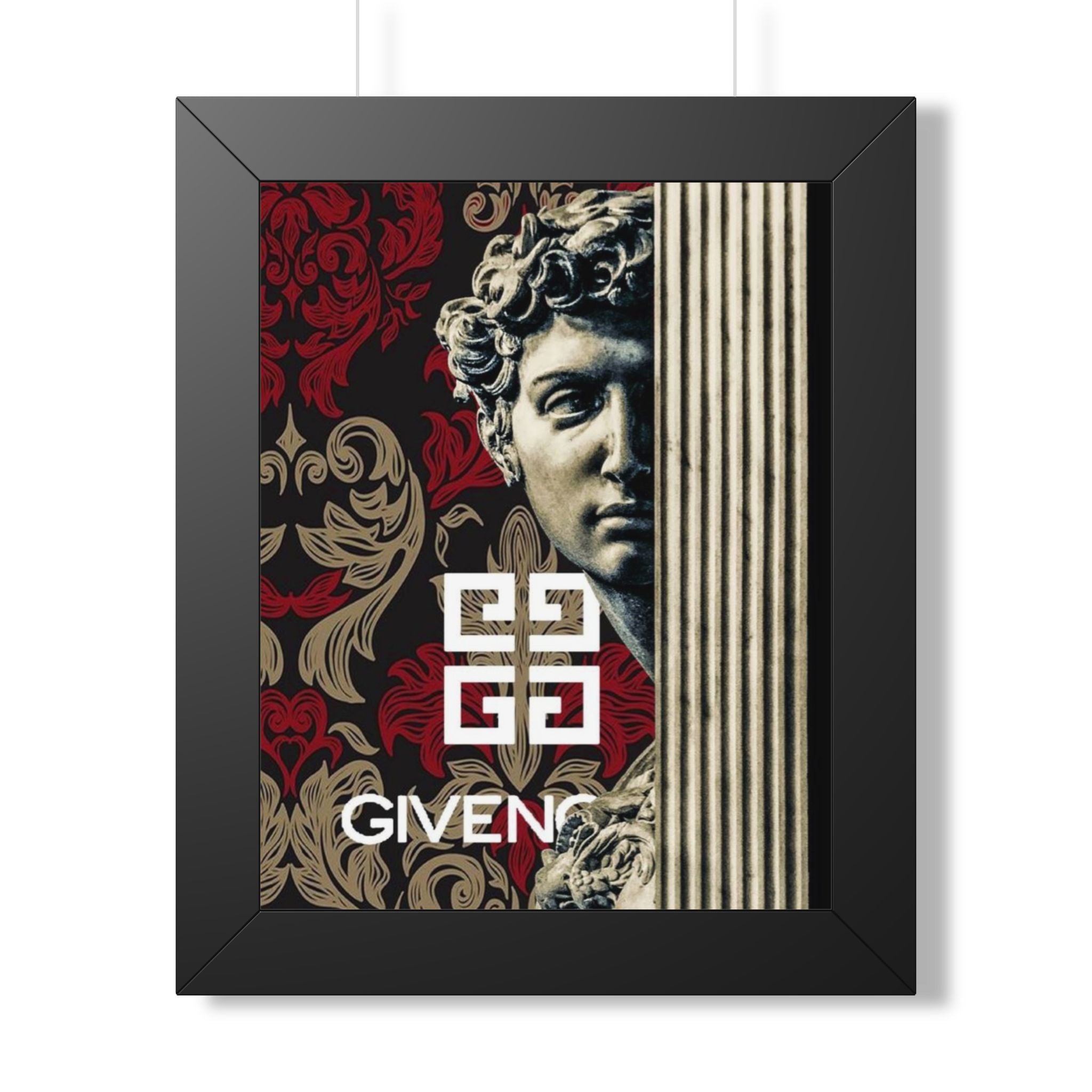Framed Poster — Baroque Statue with 'Given' Logo, Elegant Red & Gold Wall Art