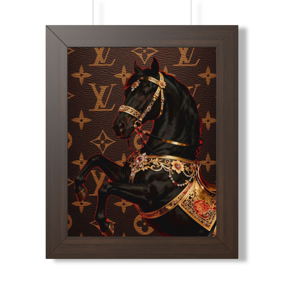 Framed Poster — Luxurious Black Carousel Horse on Monogram Background