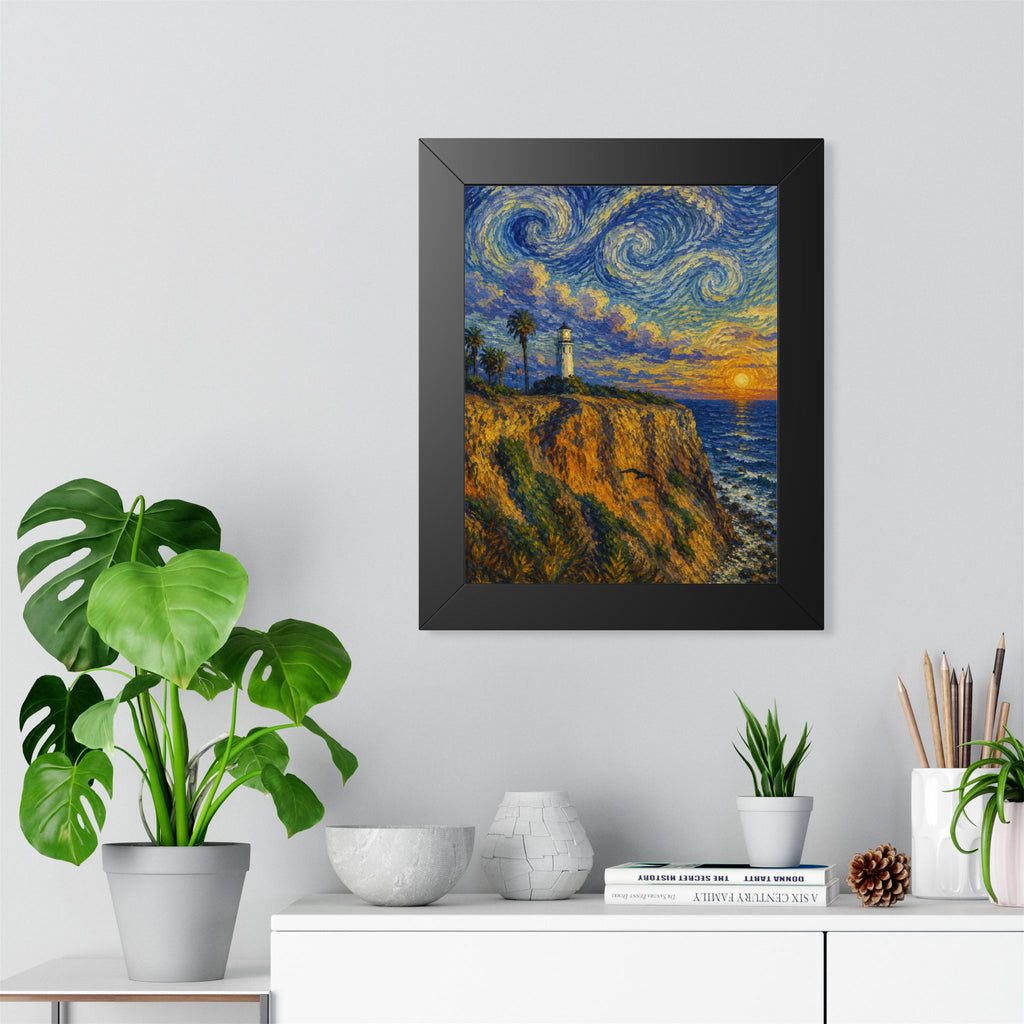 Framed Poster — Starry Coastal Lighthouse Sunset