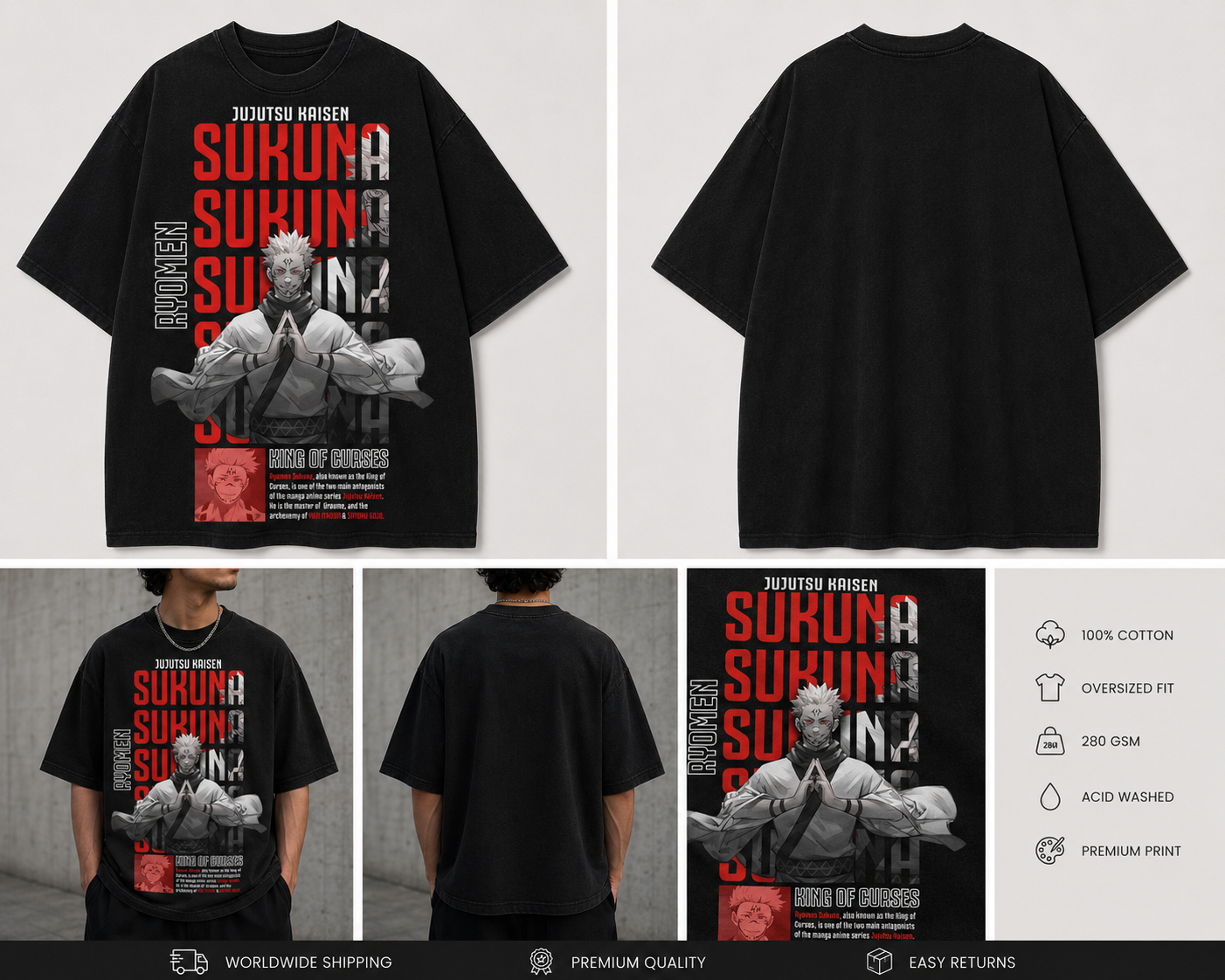 Sakuna King of Curses Oversized Acid Wash Tee