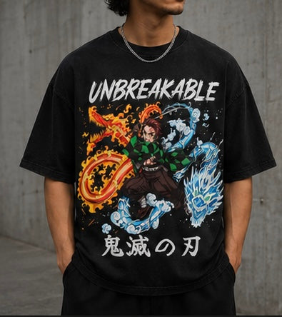 Tanjiro Unbreakable Flame Oversized Acid Wash Tee