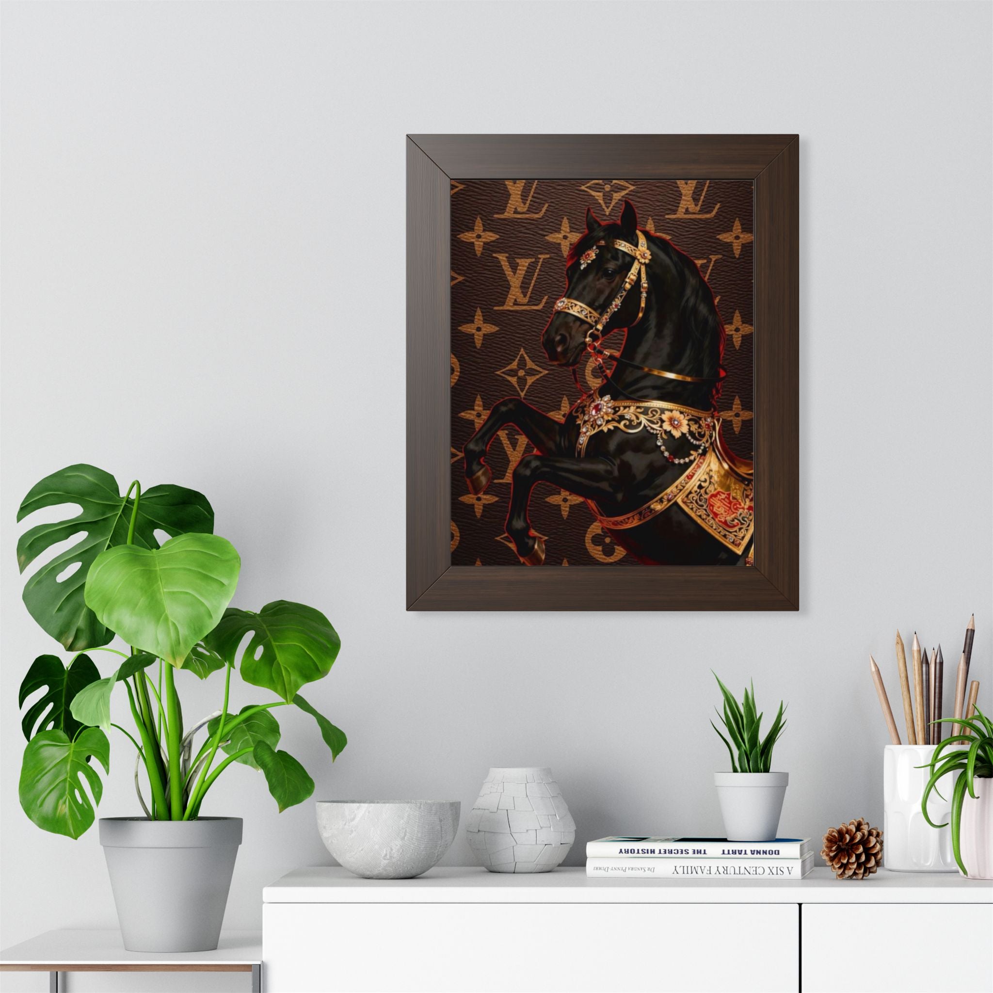 Framed Poster — Luxurious Black Carousel Horse on Monogram Background