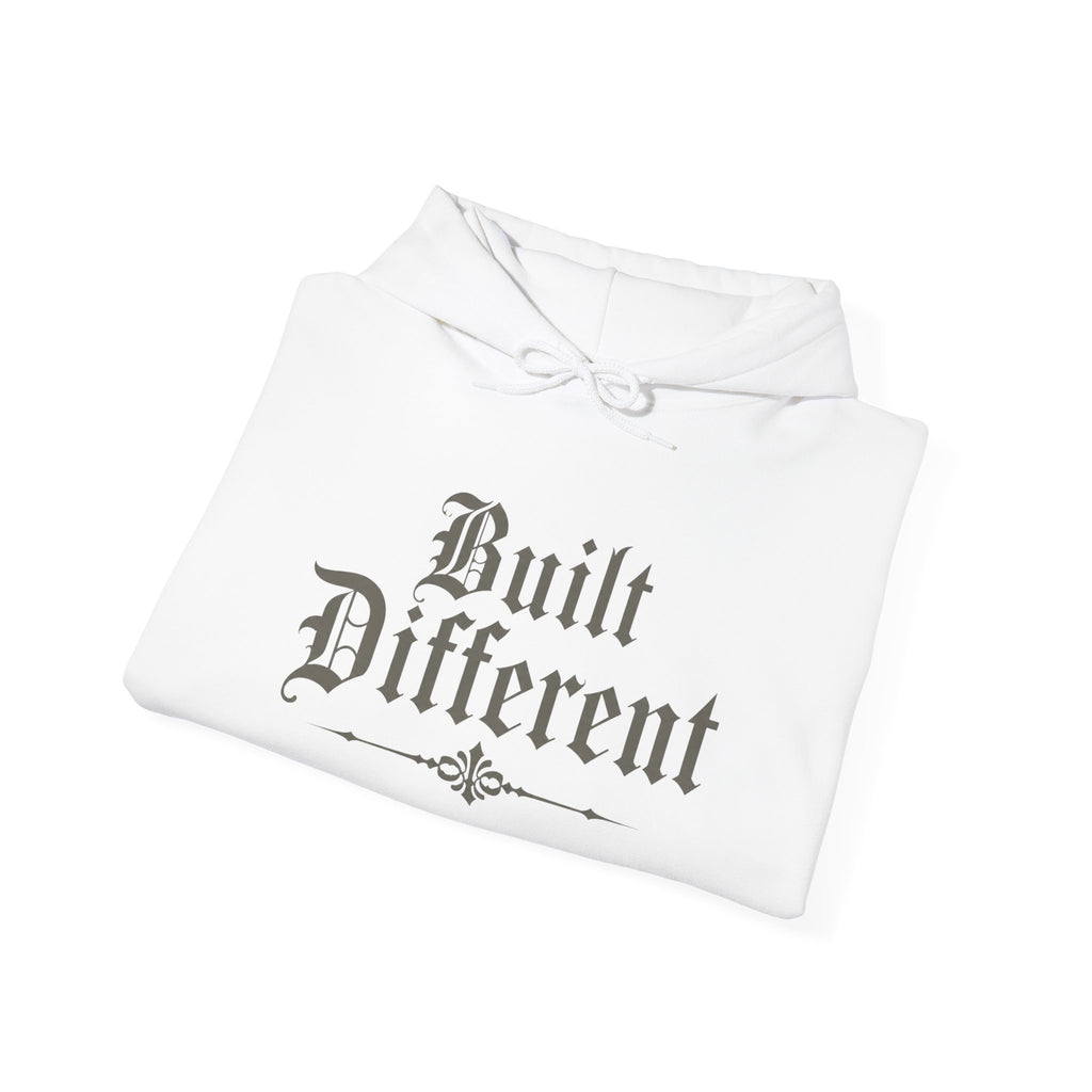 Built Different Hoodie — Vintage Gothic Script Pullover for Confident Individuals