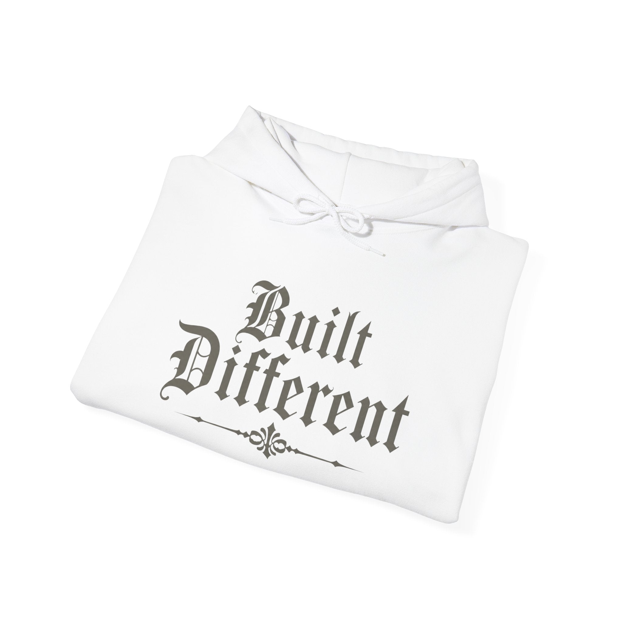 Built Different Hoodie — Vintage Gothic Script Pullover for Confident Individuals
