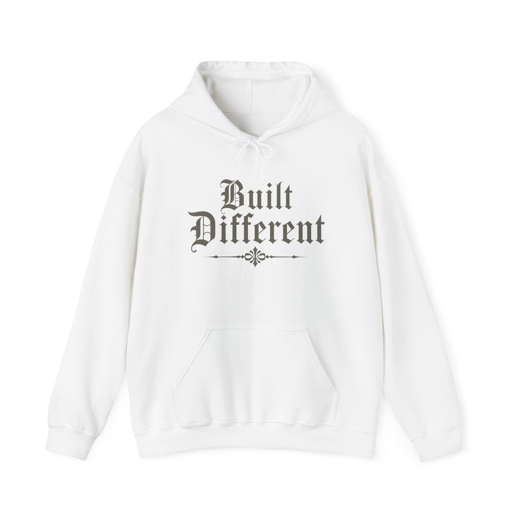 Built Different Hoodie — Vintage Gothic Script Pullover for Confident Individuals