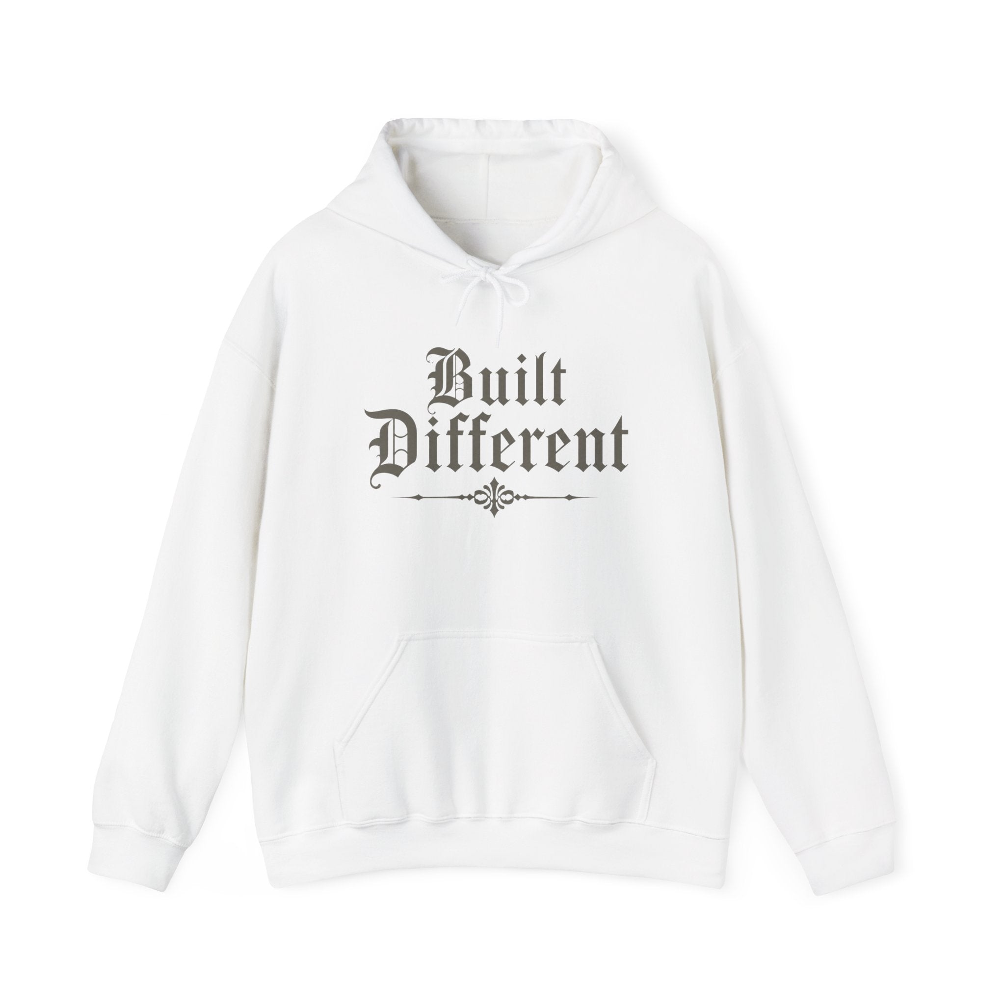 Built Different Hoodie — Vintage Gothic Script Pullover for Confident Individuals