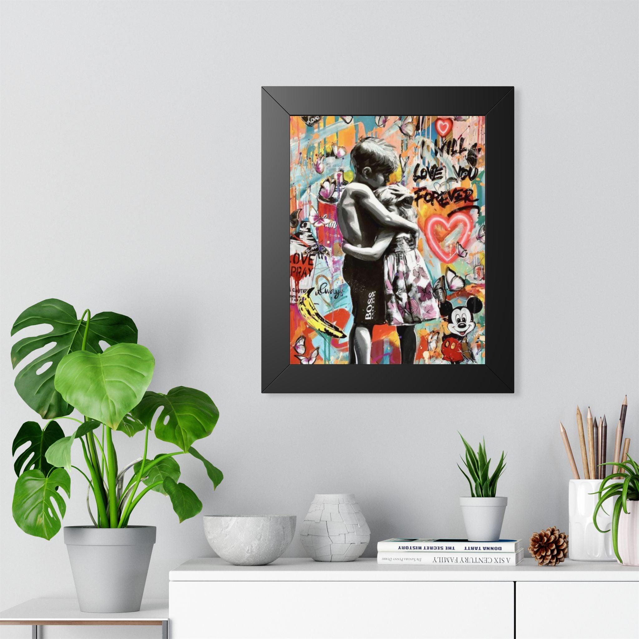 framed poster 'Will Love You Forever' Street Art Print (Kids Hug Graffiti Wall Art)
