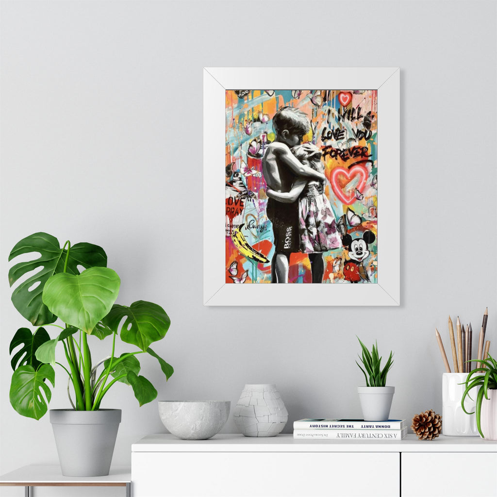 framed poster 'Will Love You Forever' Street Art Print (Kids Hug Graffiti Wall Art)