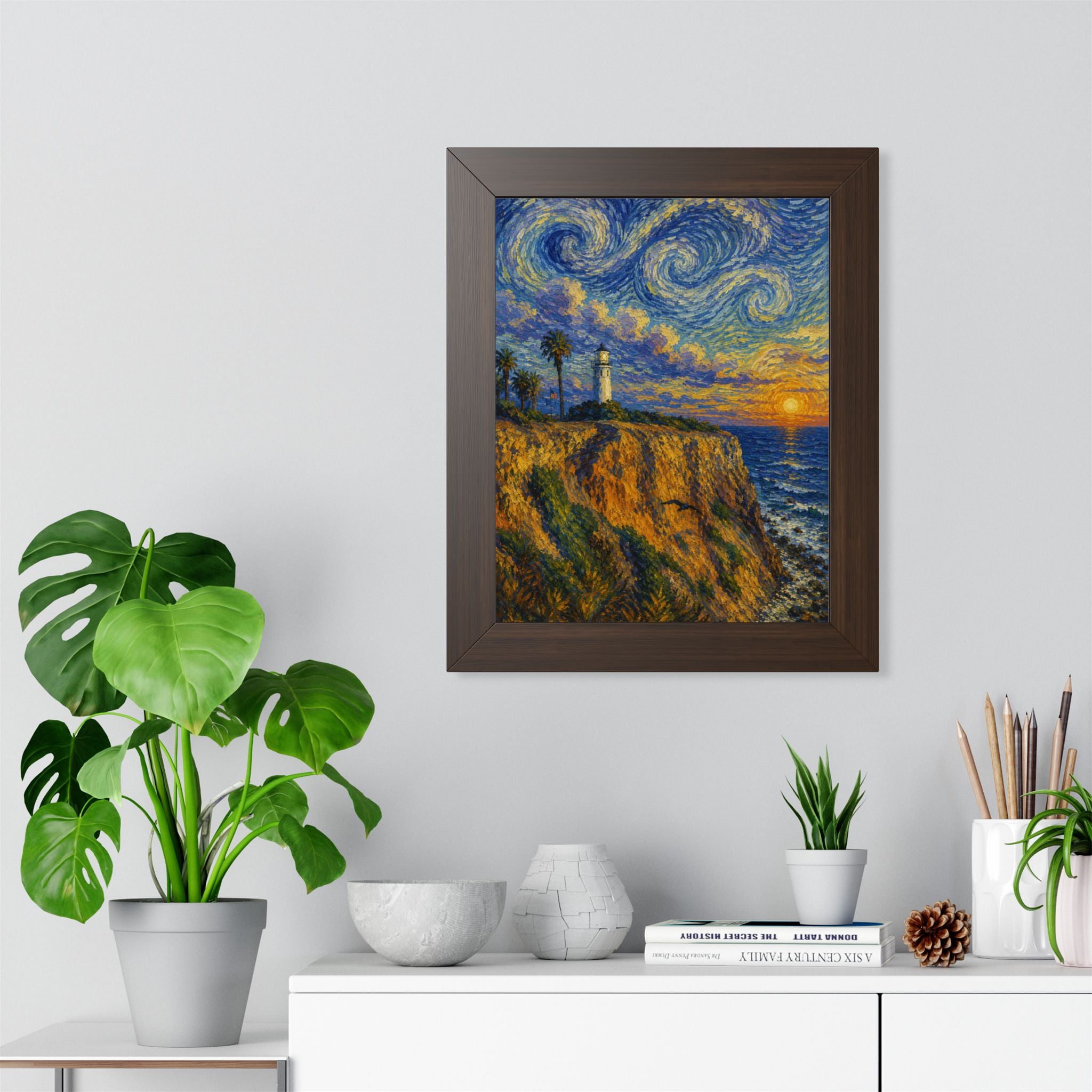 Framed Poster — Starry Coastal Lighthouse Sunset