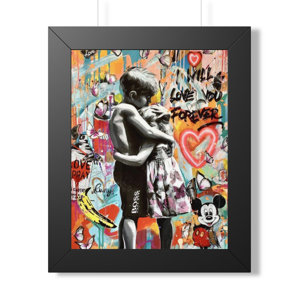 framed poster 'Will Love You Forever' Street Art Print (Kids Hug Graffiti Wall Art)