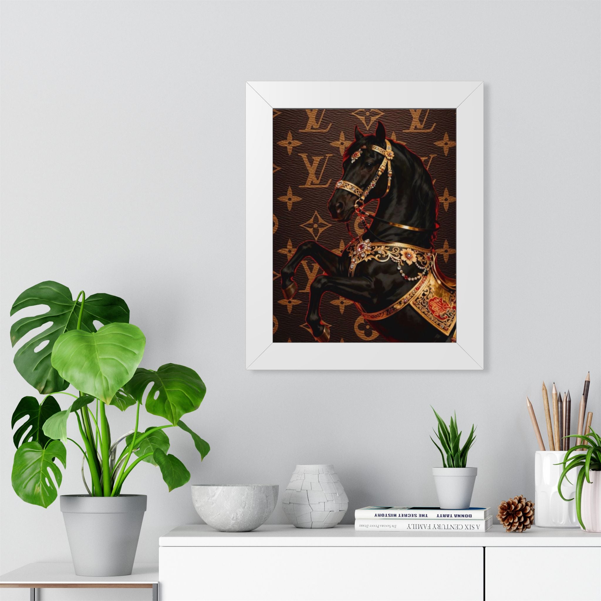 Framed Poster — Luxurious Black Carousel Horse on Monogram Background