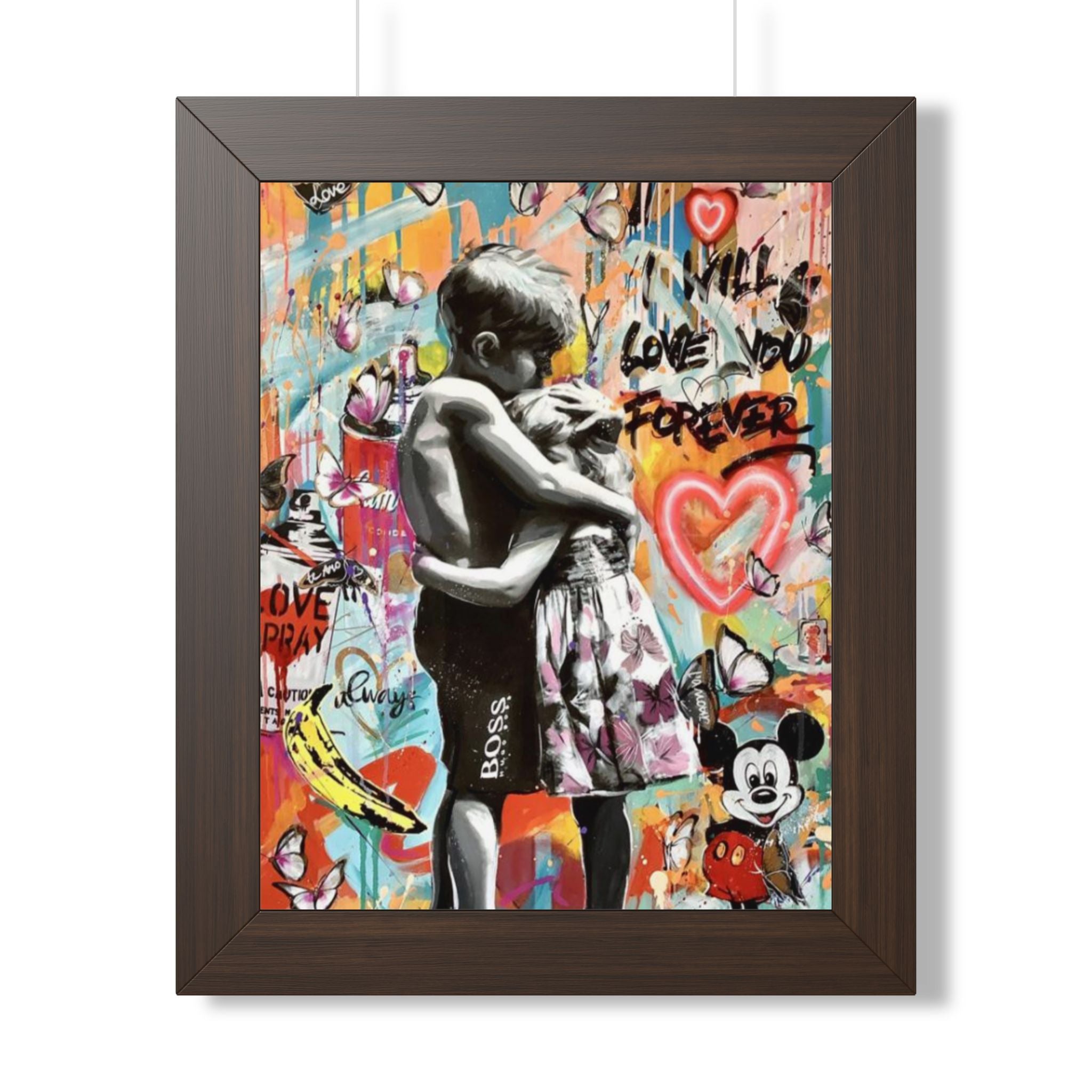 framed poster 'Will Love You Forever' Street Art Print (Kids Hug Graffiti Wall Art)