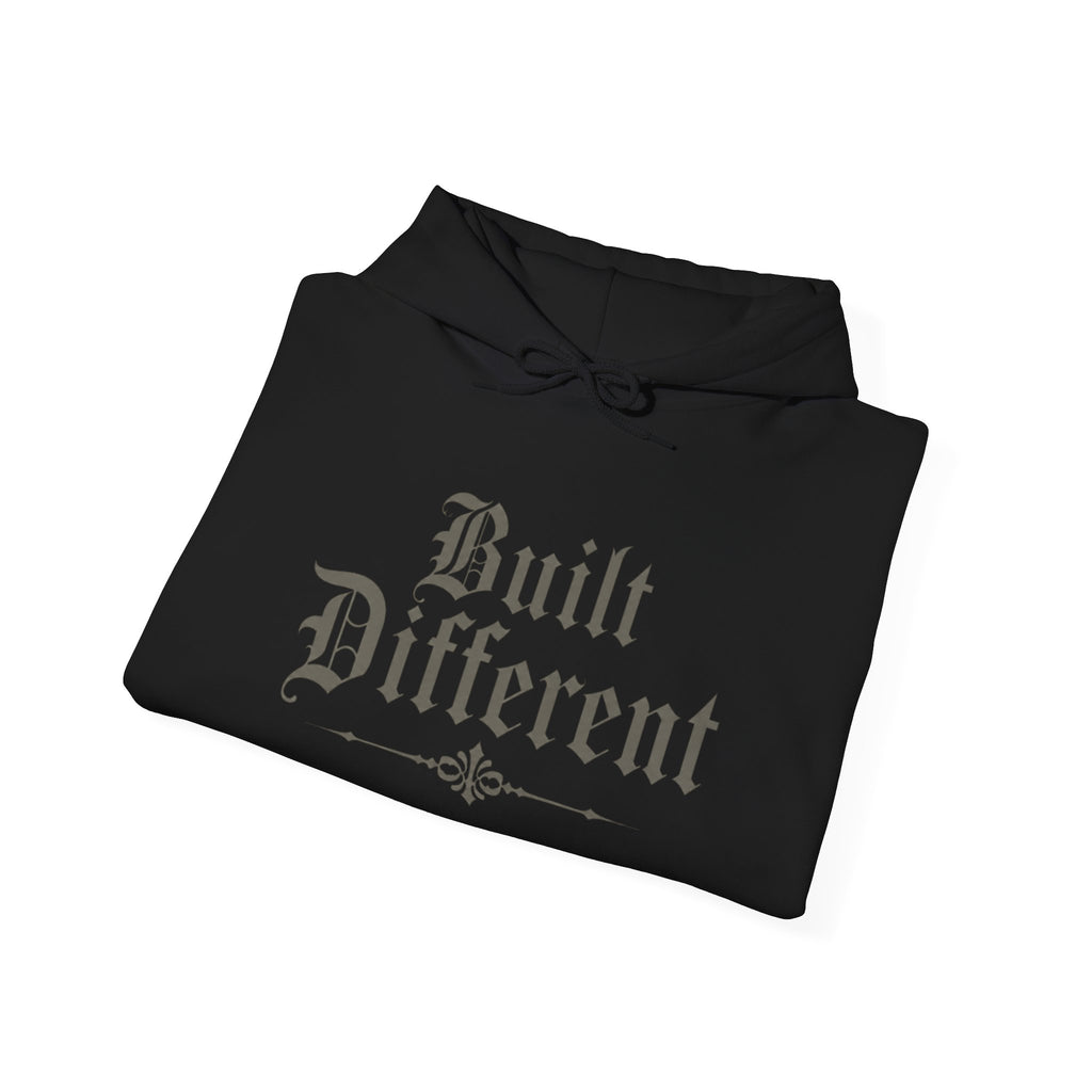 Built Different Hoodie — Vintage Gothic Script Pullover for Confident Individuals