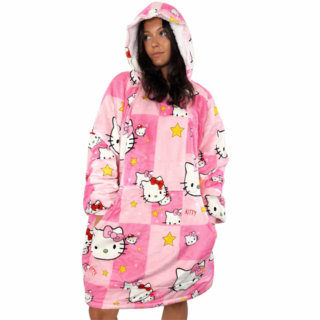 Hello Kitty Plush Oversized Wearable Blanket Hoodie – Ultra Soft Cozy Fleece Hooded Blanket for Women & Teens