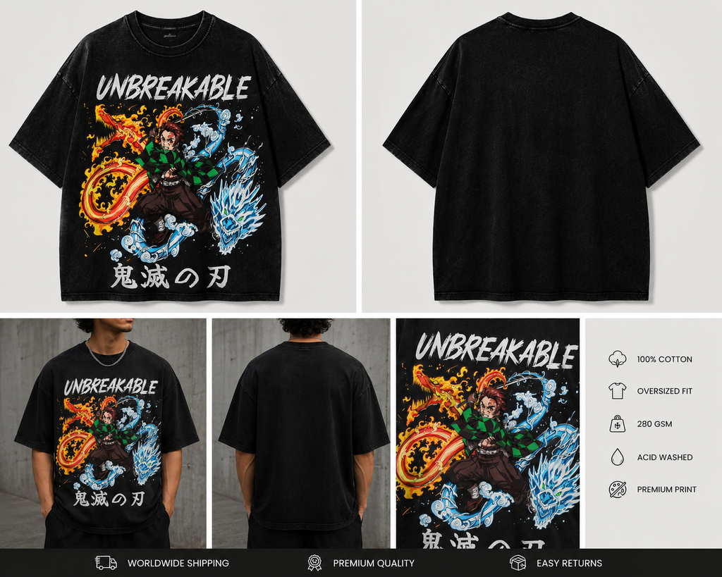 Tanjiro Unbreakable Flame Oversized Acid Wash Tee