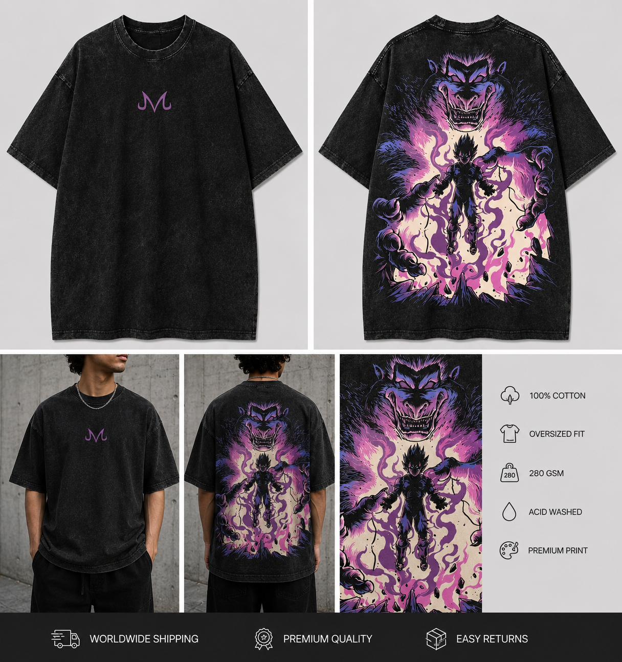 Vegeta Primal Rage Oversized Acid Wash Tee