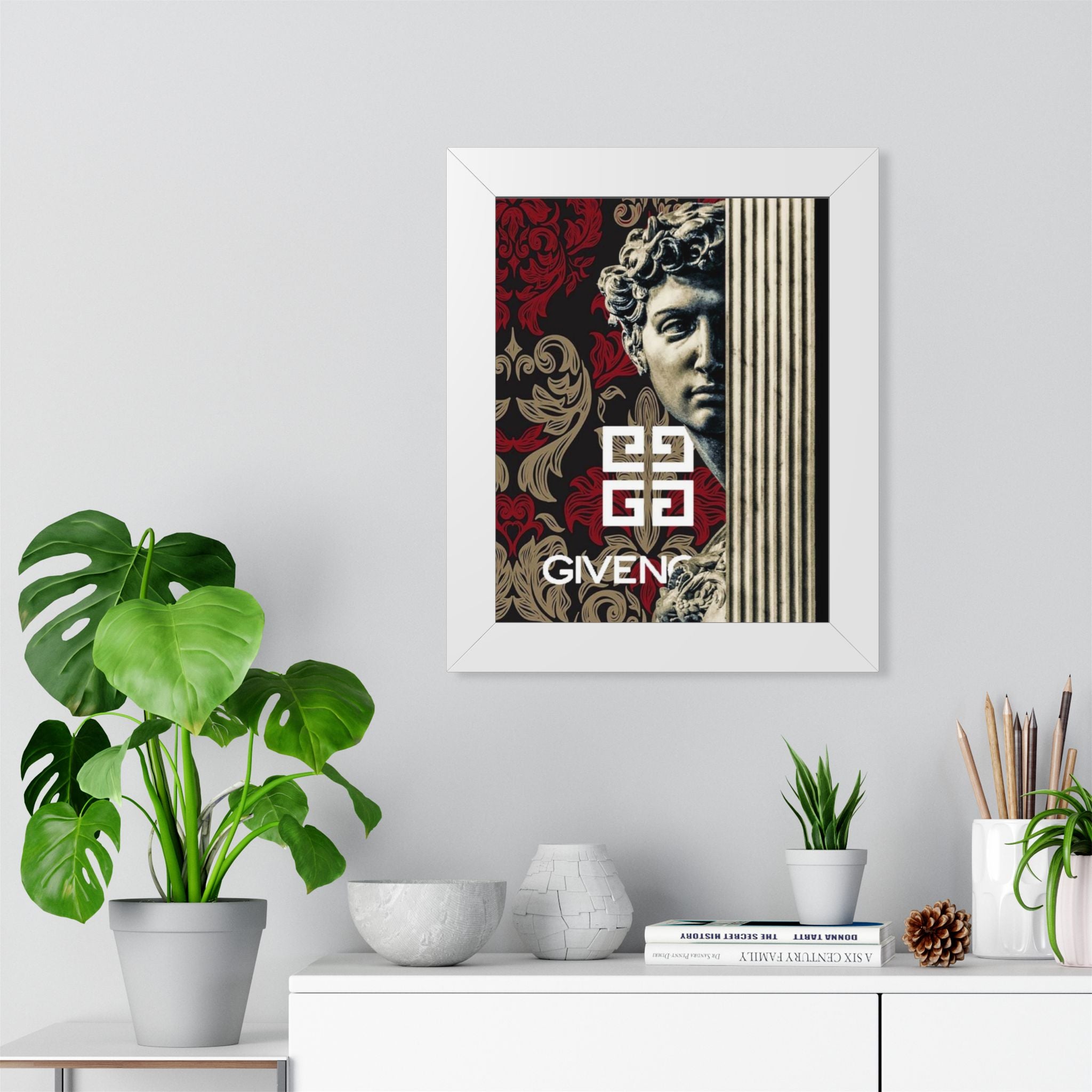 Framed Poster — Baroque Statue with 'Given' Logo, Elegant Red & Gold Wall Art