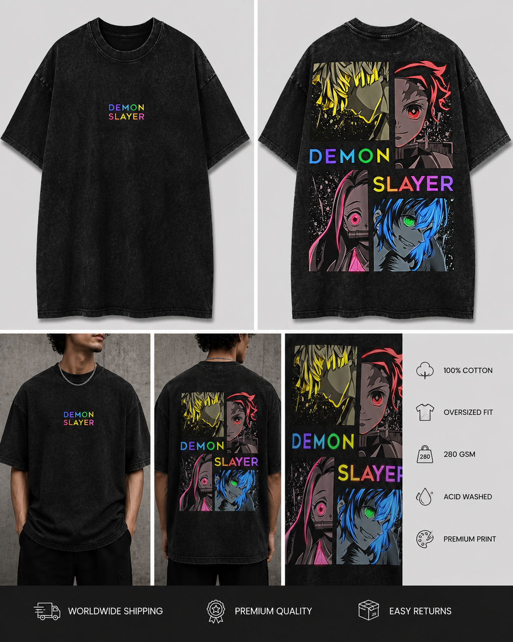 Demon Slayer Neon Oversized Acid Wash Tee