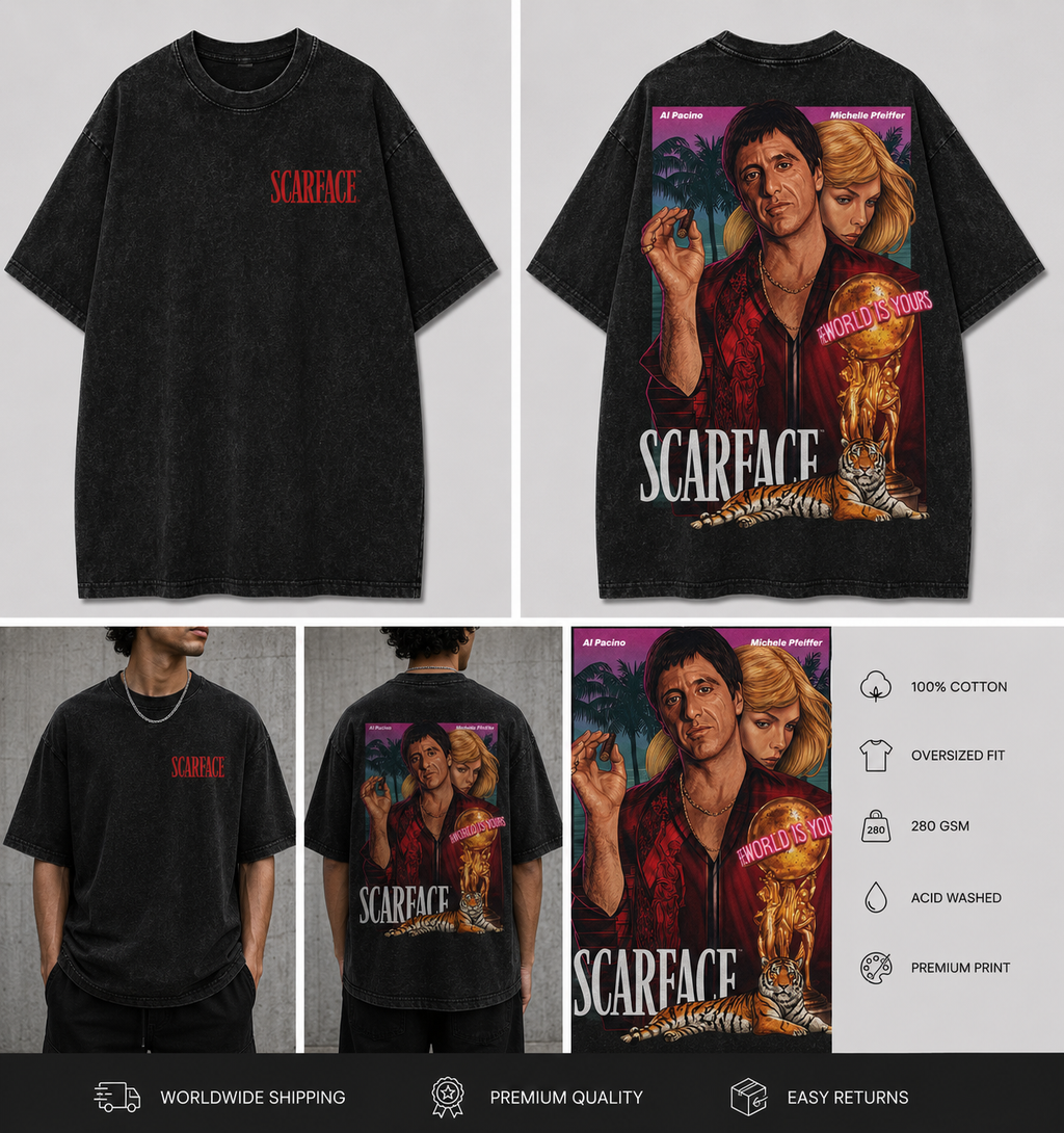 Scarface World Is Yours Oversized Acid Wash Tee
