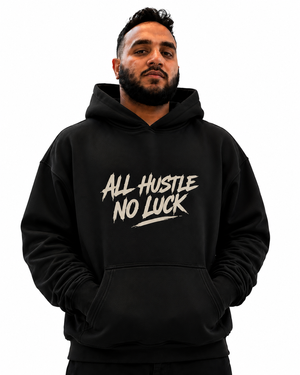 All Hustle No Luck Hoodie — Motivational White Pullover for Entrepreneurs