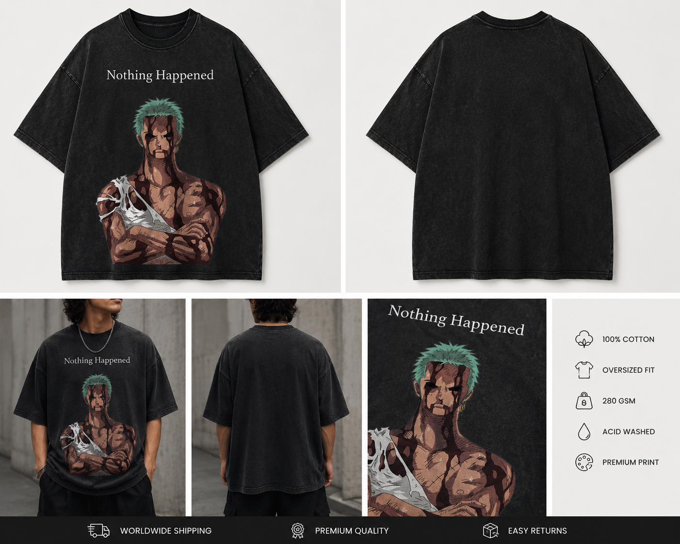 zoro Nothing Happened Oversized Acid Wash Tee