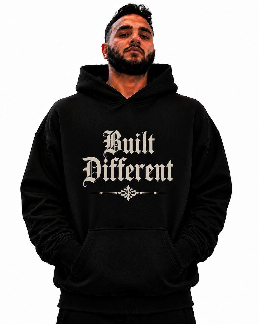 Built Different Hoodie — Vintage Gothic Script Pullover for Confident Individuals