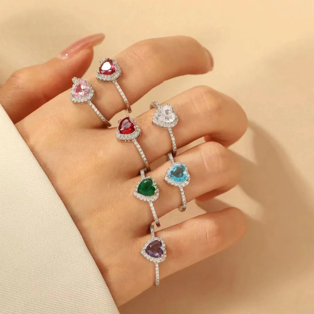 Colorful Hearts Crystal Ring Full of Zircon Opening Adjustable Finger Ring