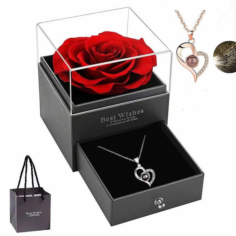 elegant Heart-Shaped Red Rose Necklace with Gift Box -