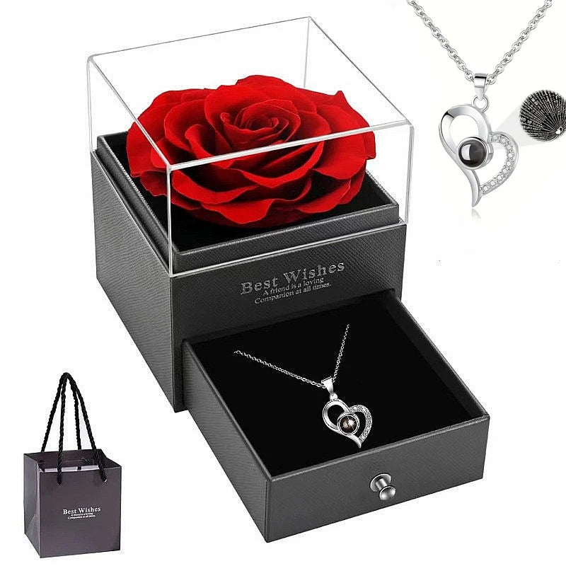 elegant Heart-Shaped Red Rose Necklace with Gift Box -