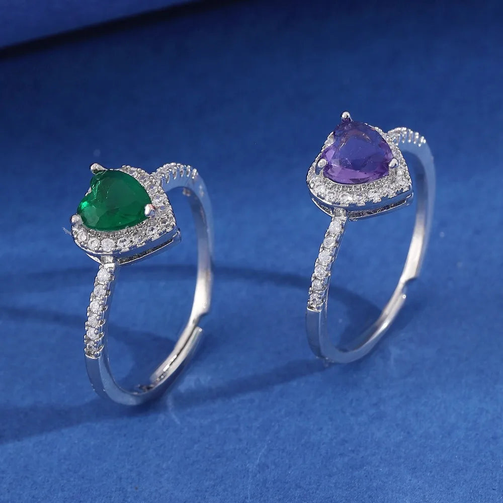 Colorful Hearts Crystal Ring Full of Zircon Opening Adjustable Finger Ring
